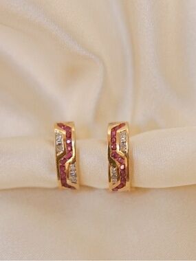 Estate Natural Diamond 14k Yellow Gold Genuine Ruby Path Huggie Post Earrings
